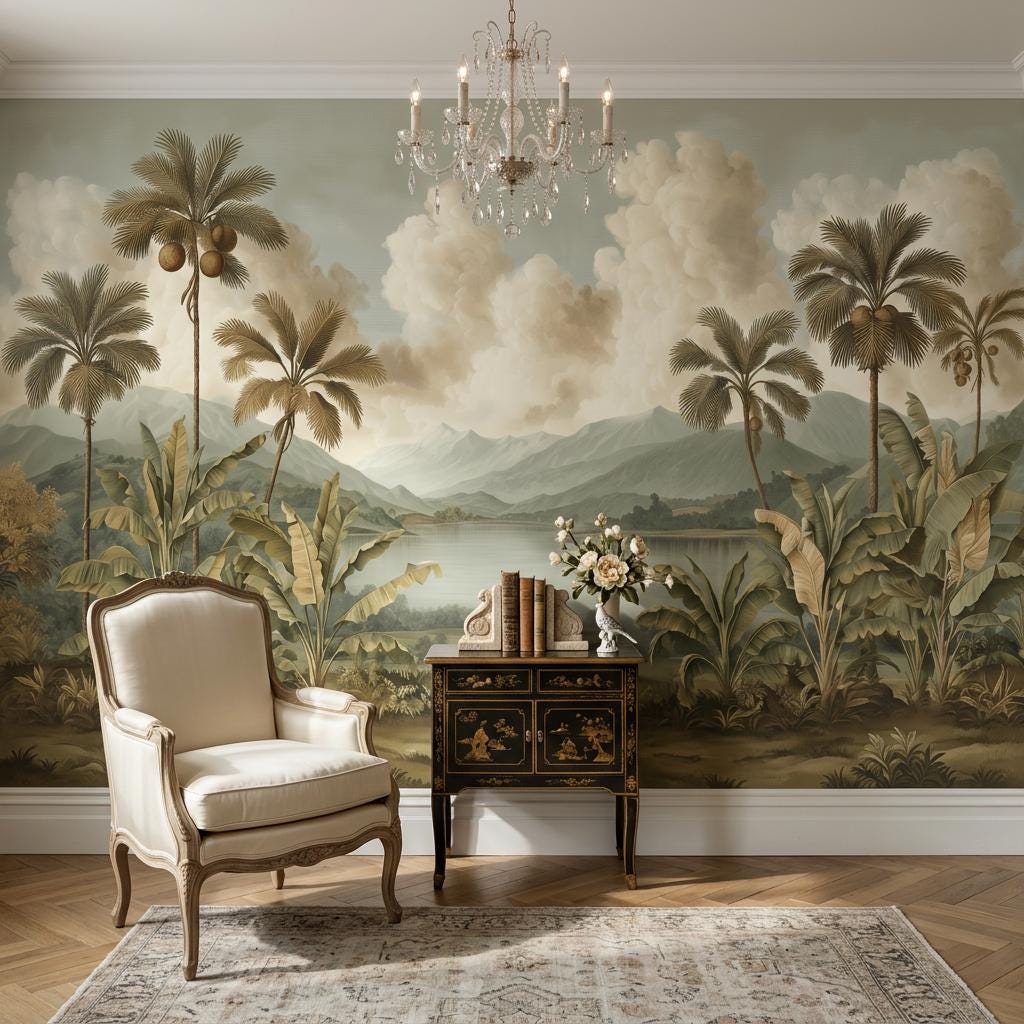 Beige Clouds Wallpaper Tropical Botanical Wall Mural