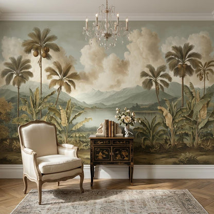 Beige Clouds Wallpaper Tropical Botanical Wall Mural