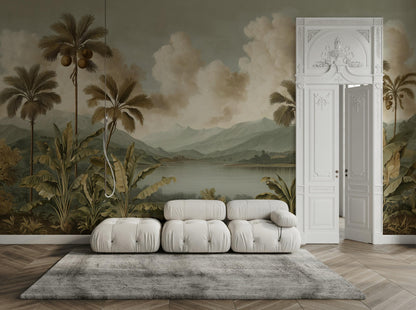 Beige Clouds Wallpaper Tropical Botanical Wall Mural