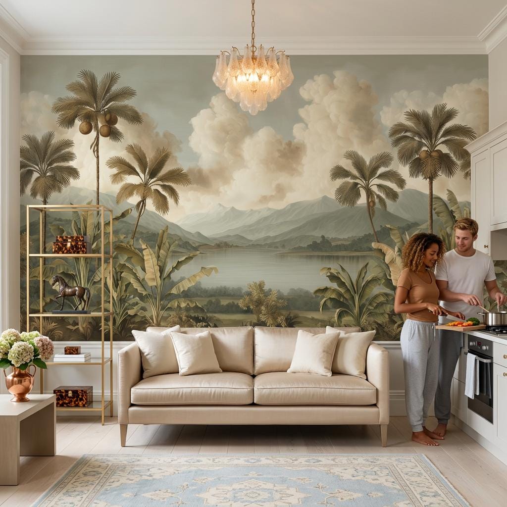 Beige Clouds Wallpaper Tropical Botanical Wall Mural
