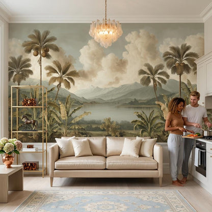 Beige Clouds Wallpaper Tropical Botanical Wall Mural