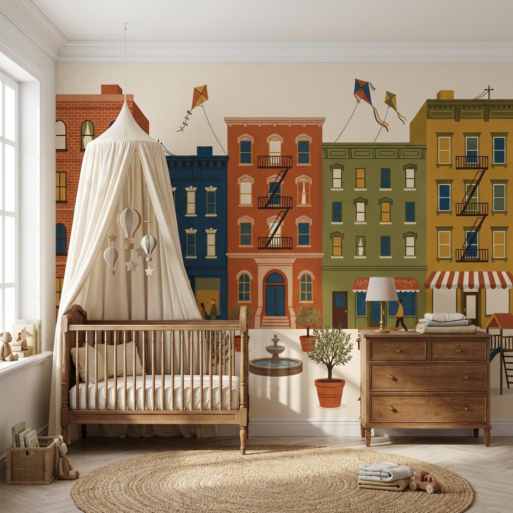 Cityscape Wallpaper Neighborhood Apartment Buildings Wall Mural