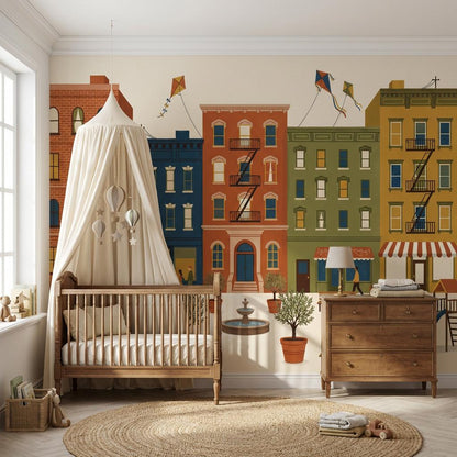 Cityscape Wallpaper Neighborhood Apartment Buildings Wall Mural