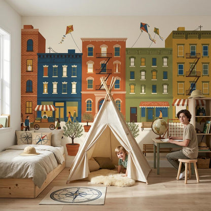 Cityscape Wallpaper Neighborhood Apartment Buildings Wall Mural