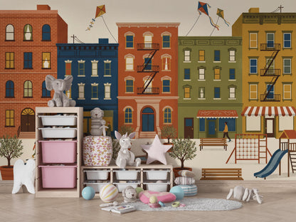 Cityscape Wallpaper Neighborhood Apartment Buildings Wall Mural