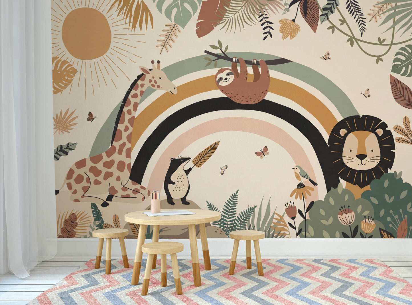 Safari Rainbow Wall Mural: Giraffe, Lion, Sloth Jungle Nursery Decor