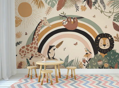 Safari Rainbow Wall Mural: Giraffe, Lion, Sloth Jungle Nursery Decor