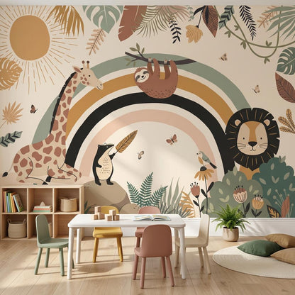 Safari Rainbow Wall Mural: Giraffe, Lion, Sloth Jungle Nursery Decor