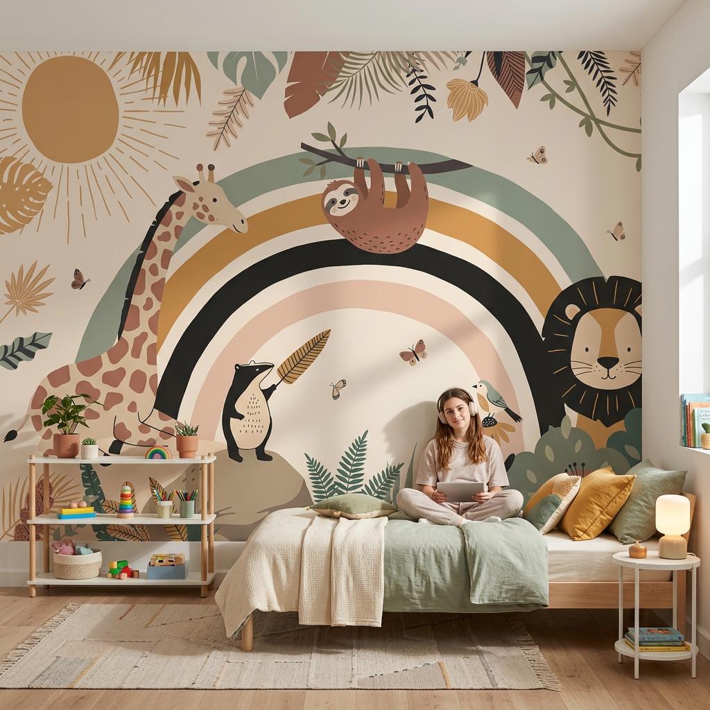 Safari Rainbow Wall Mural: Giraffe, Lion, Sloth Jungle Nursery Decor