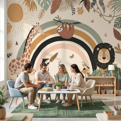 Safari Rainbow Wall Mural: Giraffe, Lion, Sloth Jungle Nursery Decor