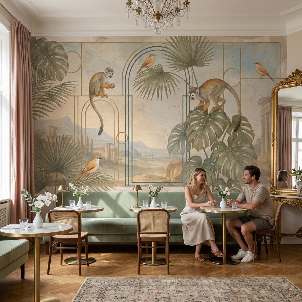 Art Deco Monkey Arch Wallpaper Mural: Tropical Teal Vintage Style