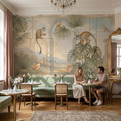 Art Deco Monkey Arch Wallpaper Mural: Tropical Teal Vintage Style