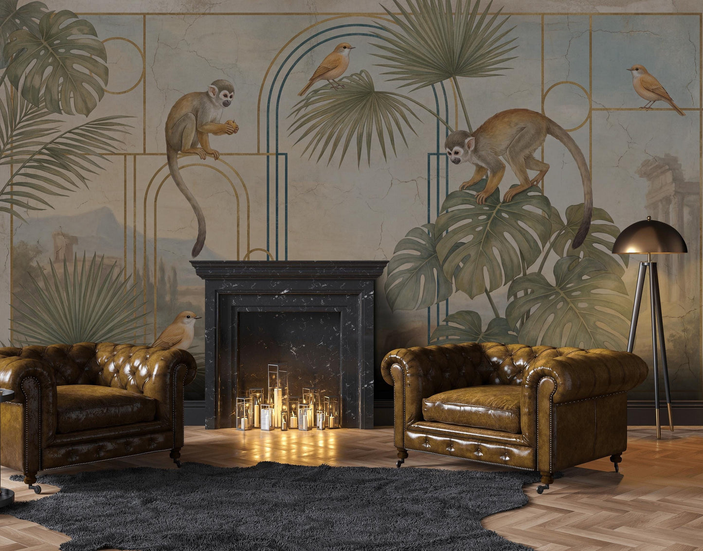 Art Deco Monkey Arch Wallpaper Mural: Tropical Teal Vintage Style