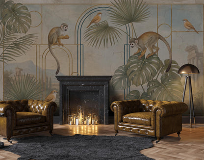 Art Deco Monkey Arch Wallpaper Mural: Tropical Teal Vintage Style