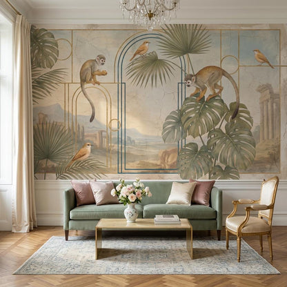 Art Deco Monkey Arch Wallpaper Mural: Tropical Teal Vintage Style