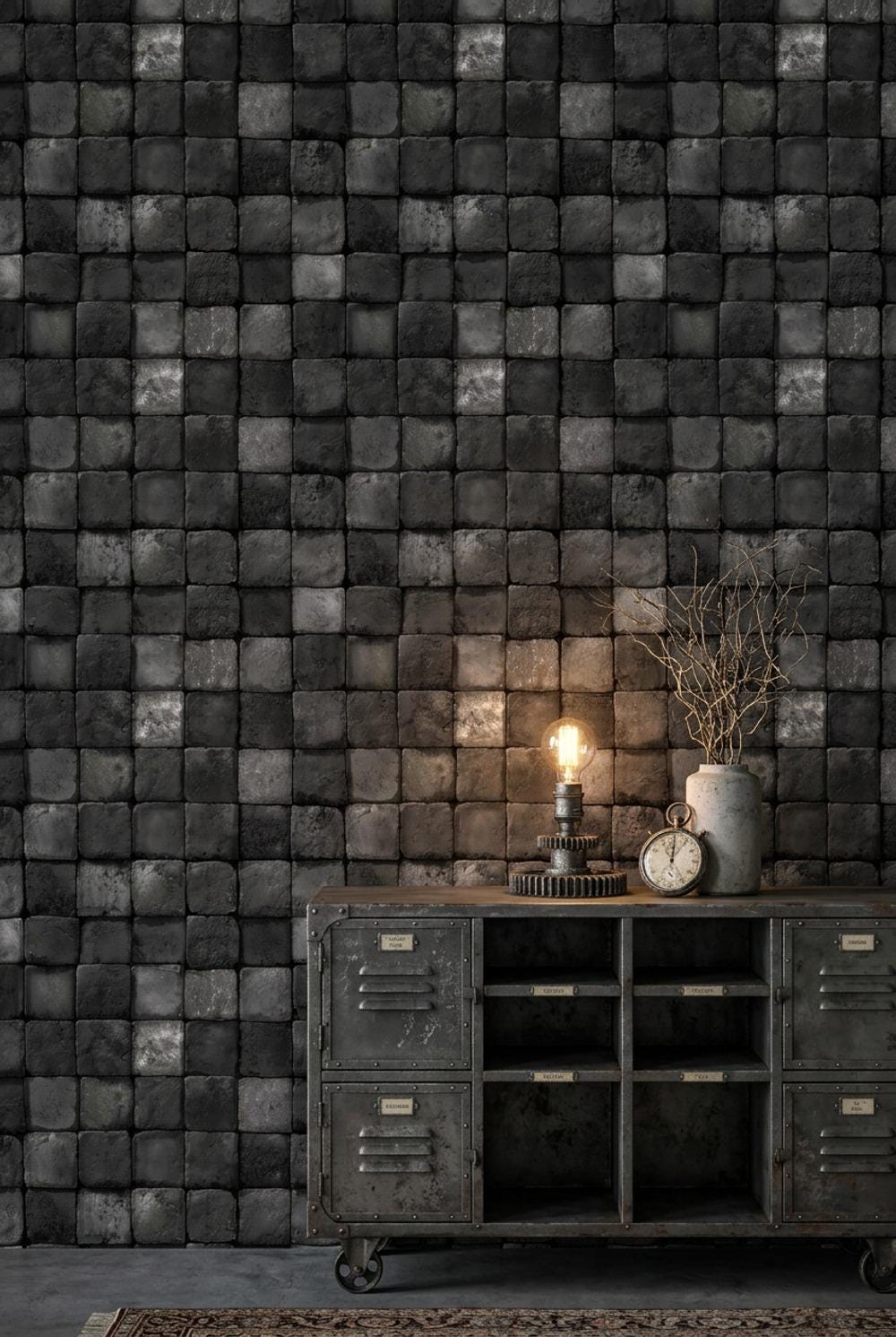 Black Stone Wallpaper Tile Grid Industrial Texture Wall Mural