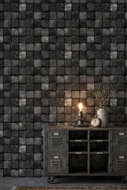Black Stone Wallpaper Tile Grid Industrial Texture Wall Mural