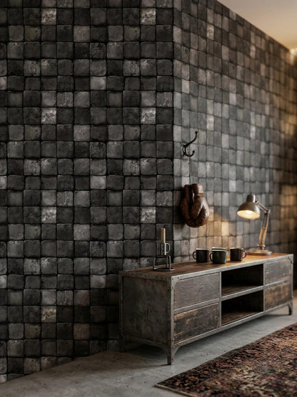 Black Stone Wallpaper Tile Grid Industrial Texture Wall Mural