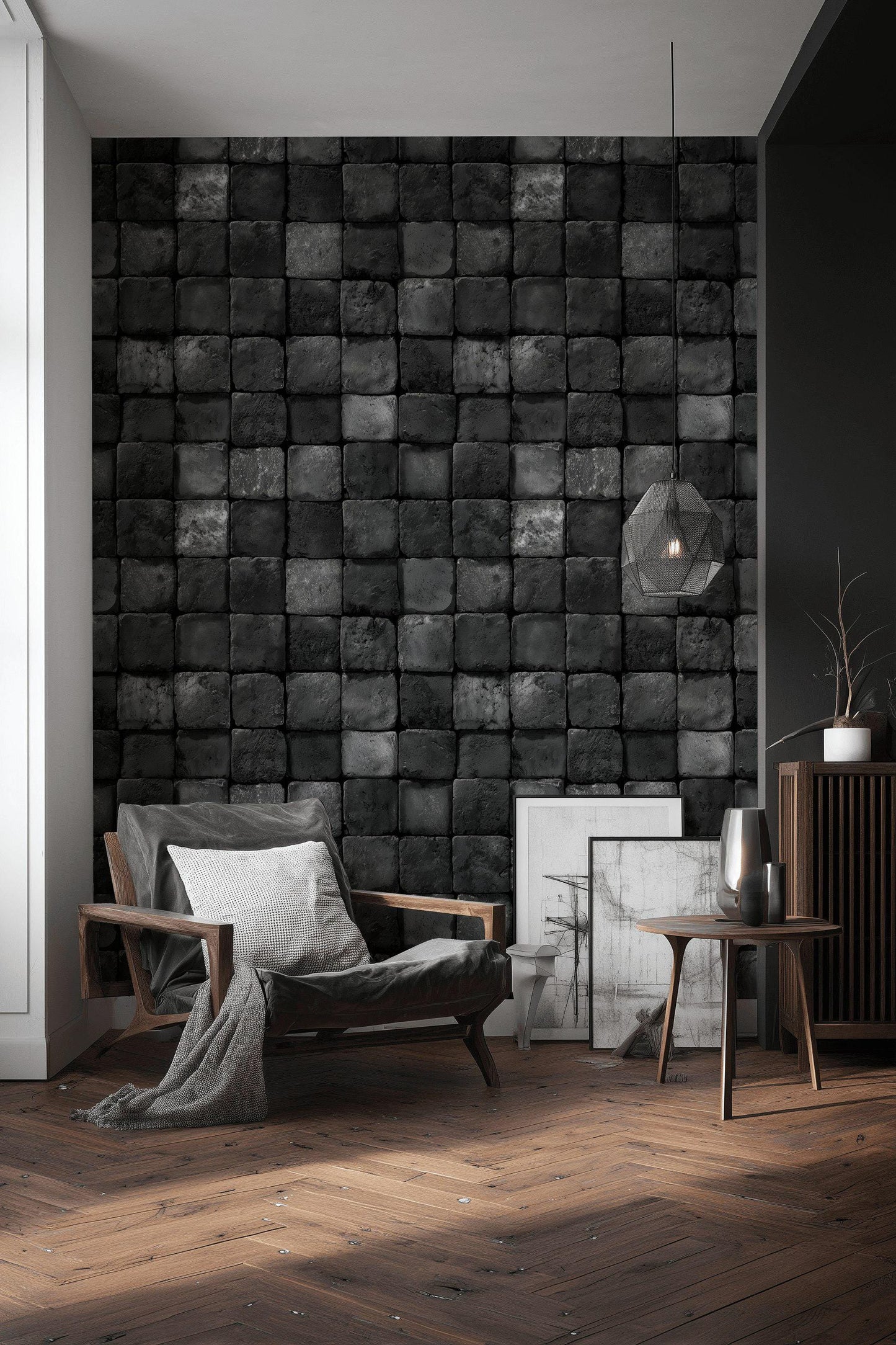 Black Stone Wallpaper Tile Grid Industrial Texture Wall Mural