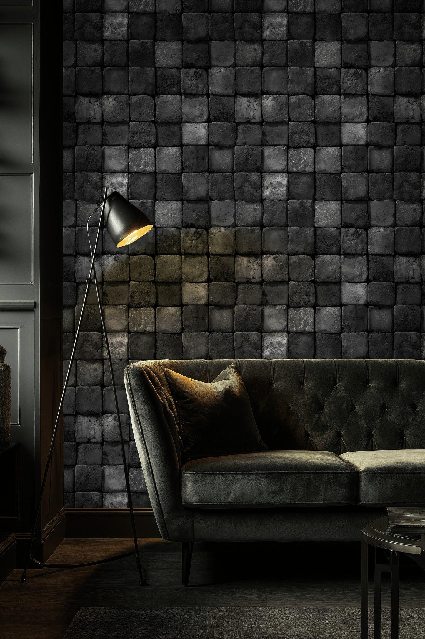 Black Stone Wallpaper Tile Grid Industrial Texture Wall Mural