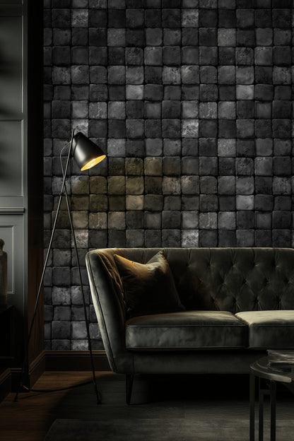 Black Stone Wallpaper Tile Grid Industrial Texture Wall Mural