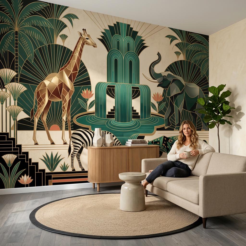 Art Deco Wallpaper Geometric Safari Animals Wall Mural