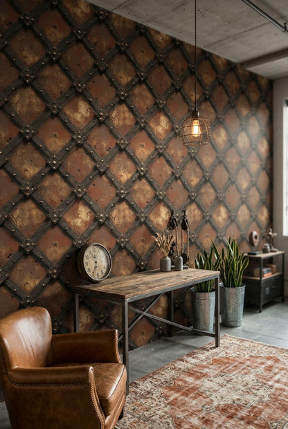 Dark Industrial Wallpaper Rustic Metal Lattice Steampunk Inspired Wall Mural