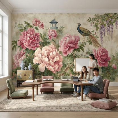 Peony Blossoms Wallpaper Oriental Garden Bird Wall Mural