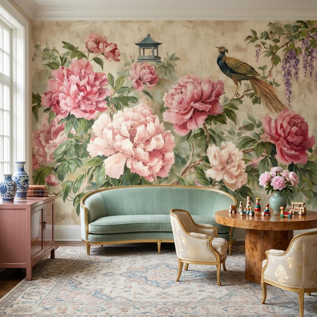 Peony Blossoms Wallpaper Oriental Garden Bird Wall Mural