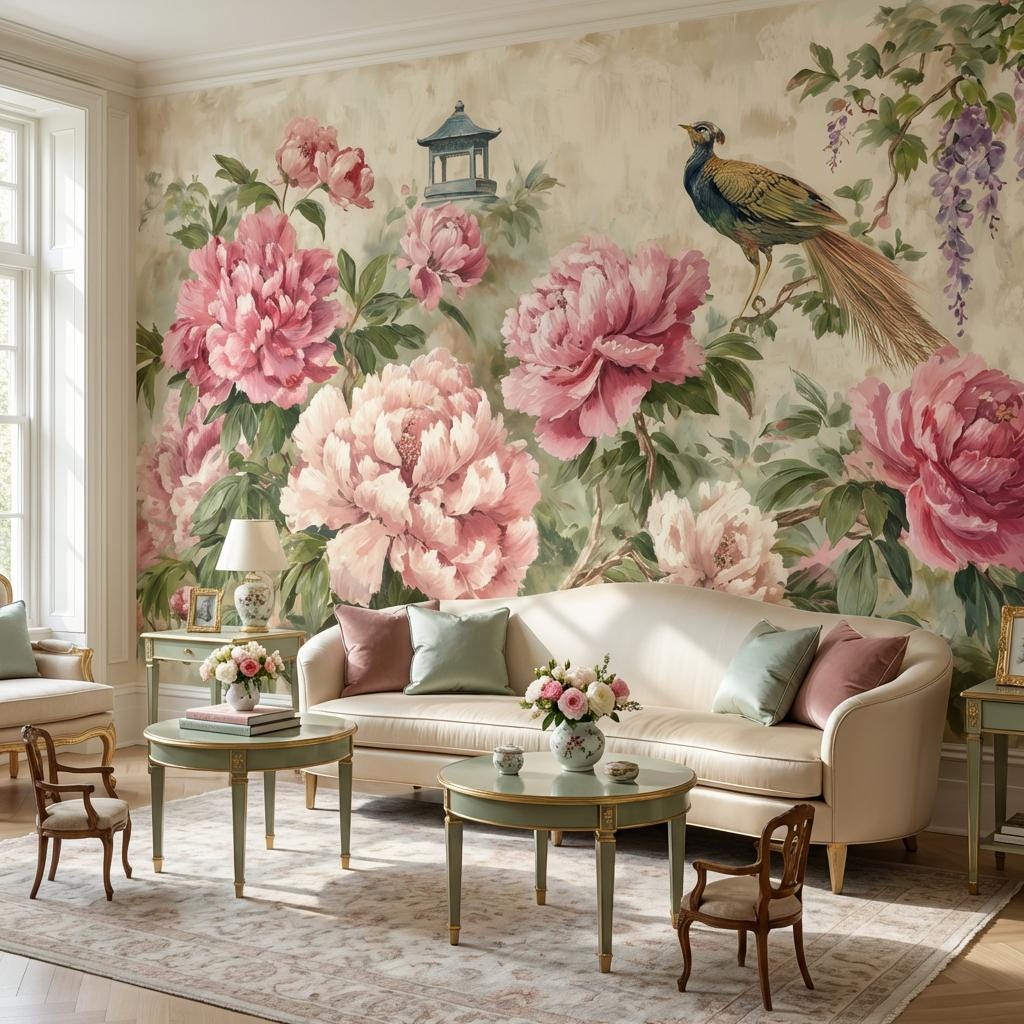 Peony Blossoms Wallpaper Oriental Garden Bird Wall Mural
