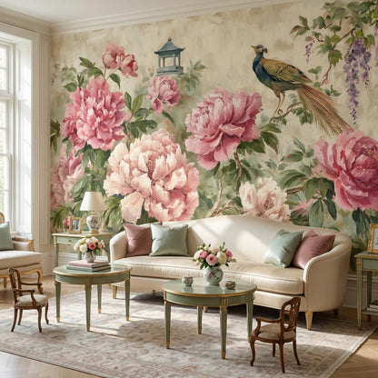 Peony Blossoms Wallpaper Oriental Garden Bird Wall Mural