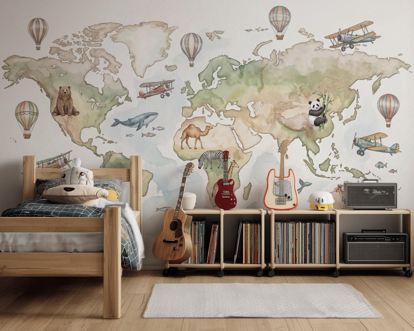 World Map Wallpaper Mural: Kids Animals, Planes, Hot Air Balloons (Peel & Stick)