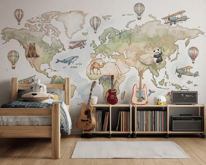 World Map Wallpaper Mural: Kids Animals, Planes, Hot Air Balloons (Peel & Stick)