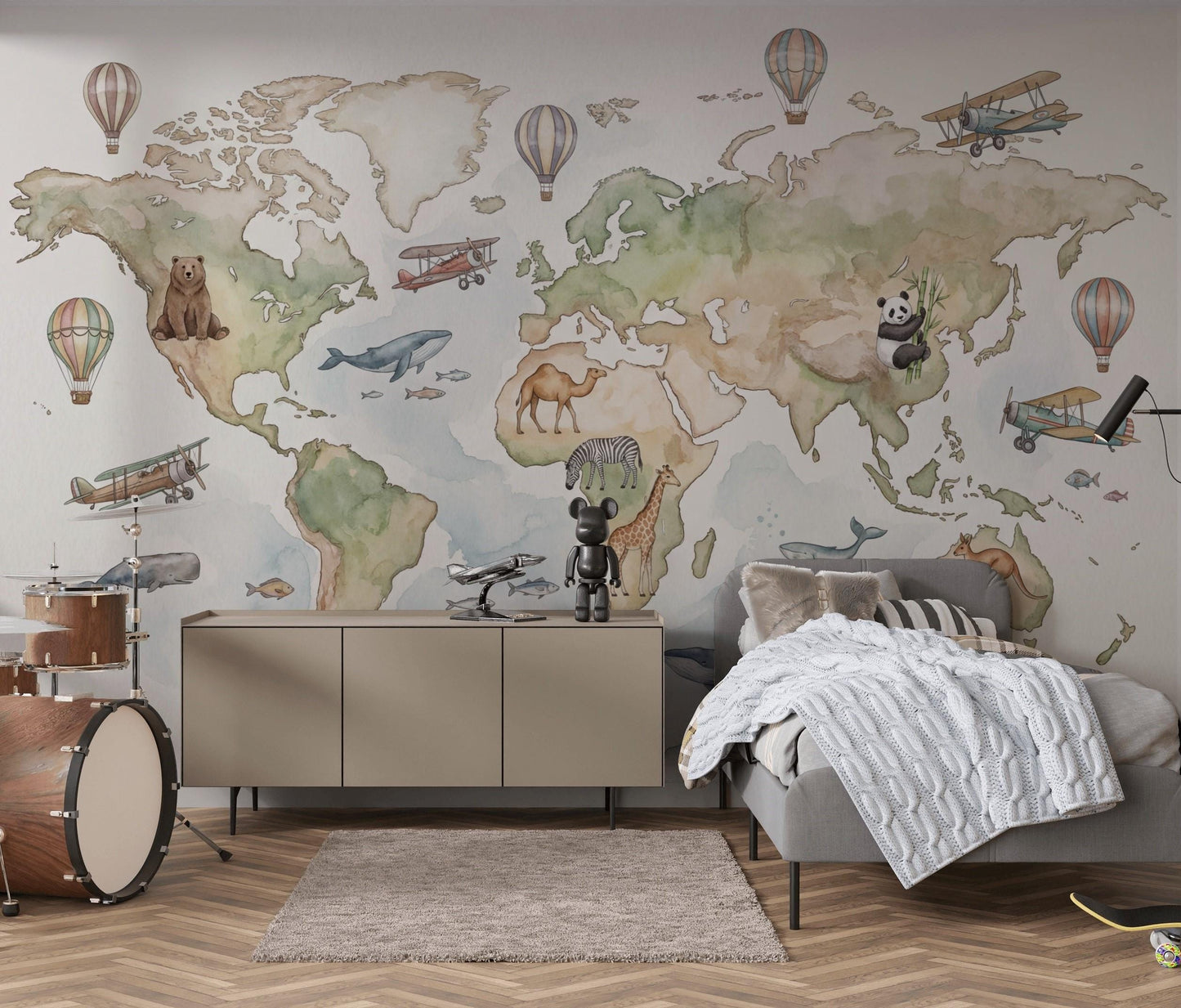 World Map Wallpaper Mural: Kids Animals, Planes, Hot Air Balloons (Peel & Stick)