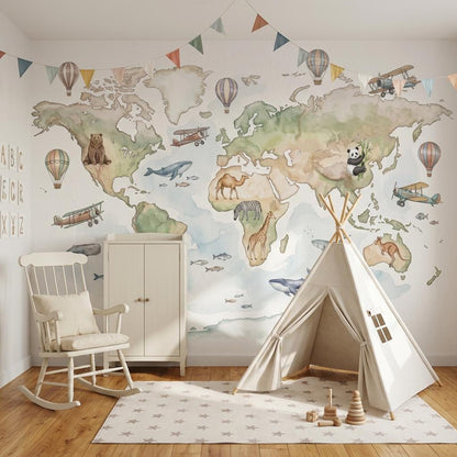 World Map Wallpaper Mural: Kids Animals, Planes, Hot Air Balloons (Peel & Stick)