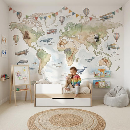 World Map Wallpaper Mural: Kids Animals, Planes, Hot Air Balloons (Peel & Stick)