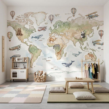 World Map Wallpaper Mural: Kids Animals, Planes, Hot Air Balloons (Peel & Stick)