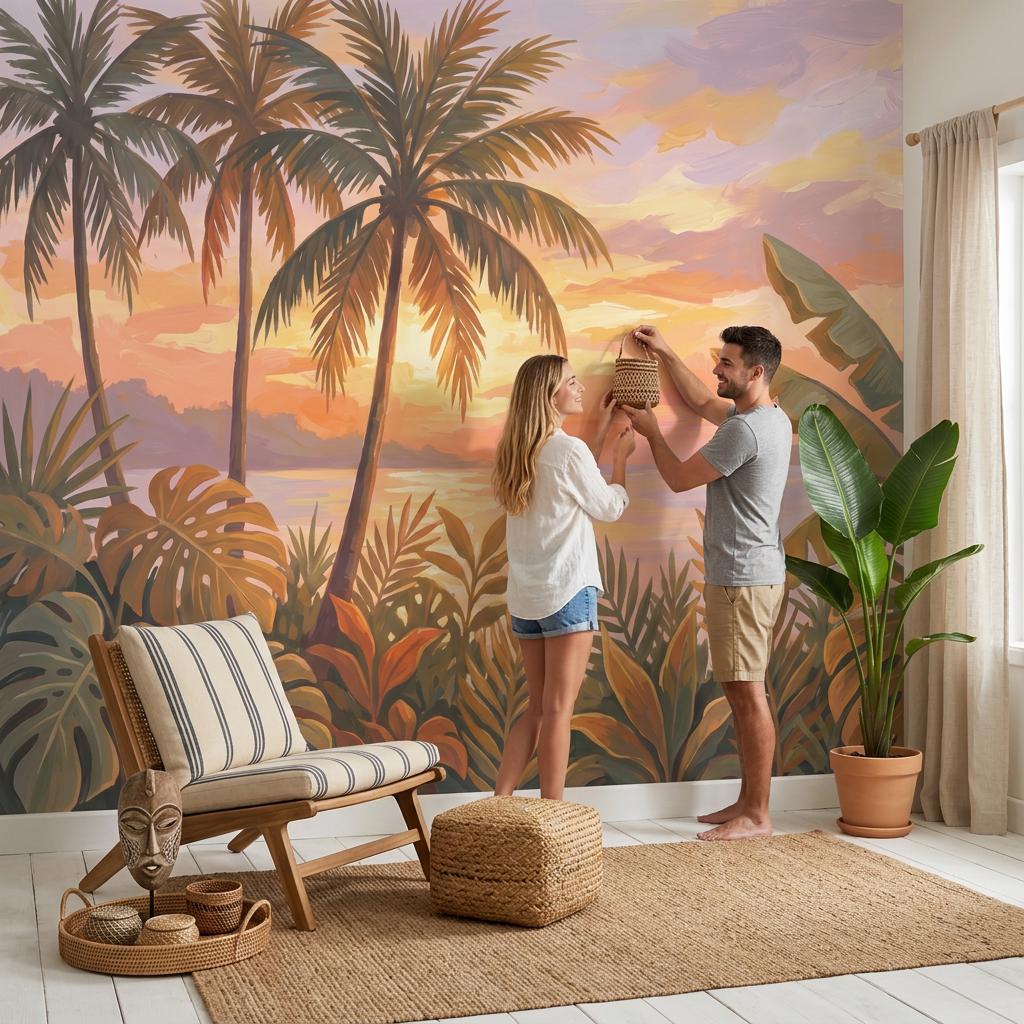 Tropical Sunset Wallpaper Palm Trees Coastal Landscape Wall Mural