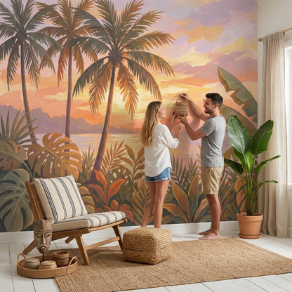 Tropical Sunset Wallpaper Palm Trees Coastal Landscape Wall Mural