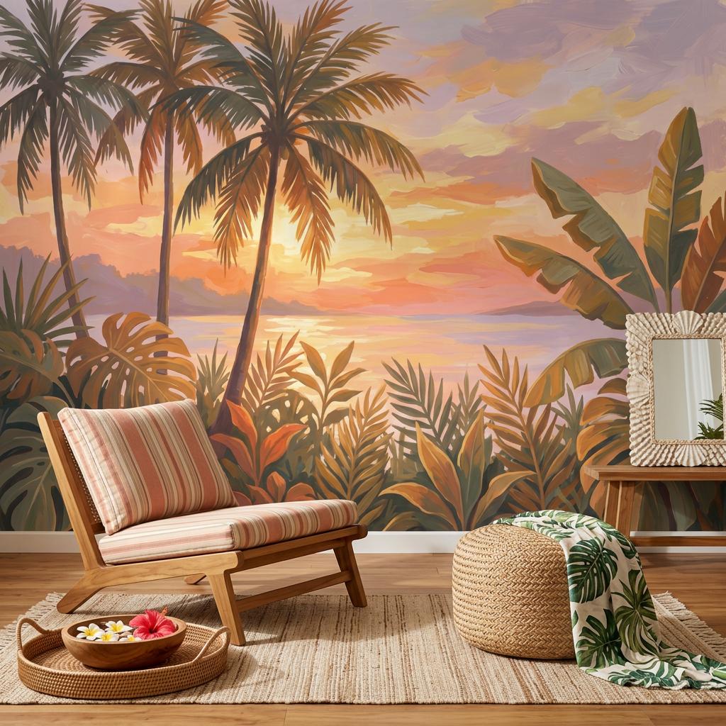 Tropical Sunset Wallpaper Palm Trees Coastal Landscape Wall Mural