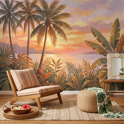 Tropical Sunset Wallpaper Palm Trees Coastal Landscape Wall Mural