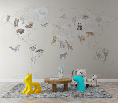 World Map Wallpaper with Animals for Kids Room (Peel & Stick)