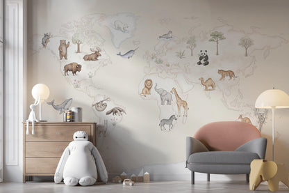 World Map Wallpaper with Animals for Kids Room (Peel & Stick)
