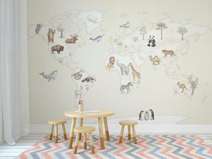 World Map Wallpaper with Animals for Kids Room (Peel & Stick)