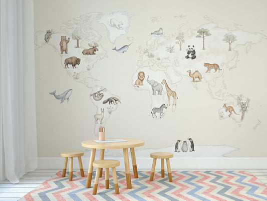 World Map Wallpaper with Animals for Kids Room (Peel & Stick)