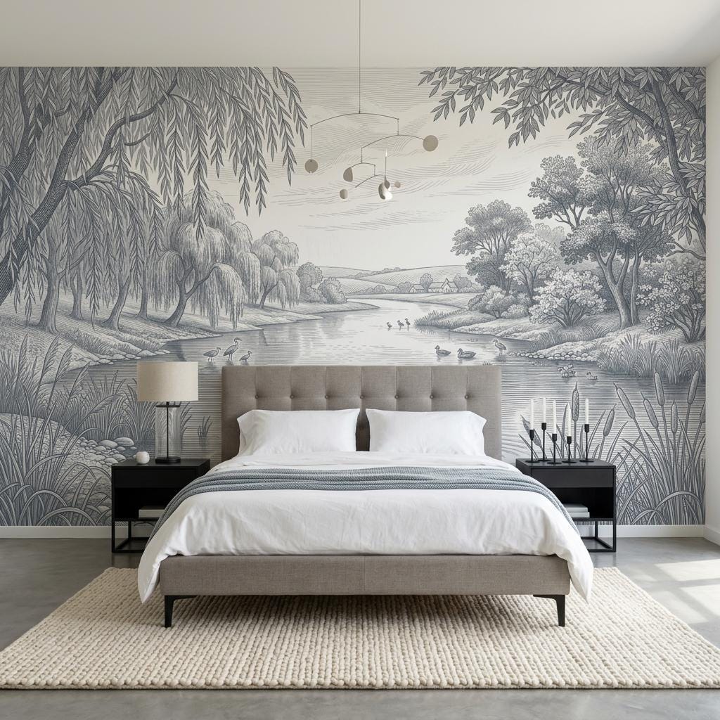 Pastoral Landscape Wallpaper River Scene Willow Trees Wall Mural