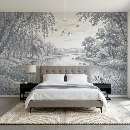 Pastoral Landscape Wallpaper River Scene Willow Trees Wall Mural