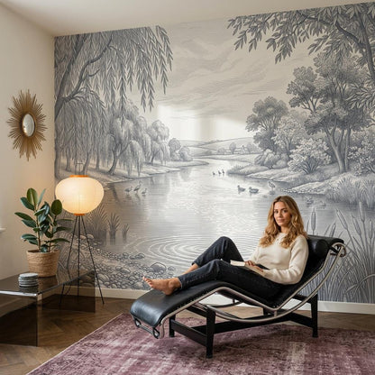 Pastoral Landscape Wallpaper River Scene Willow Trees Wall Mural