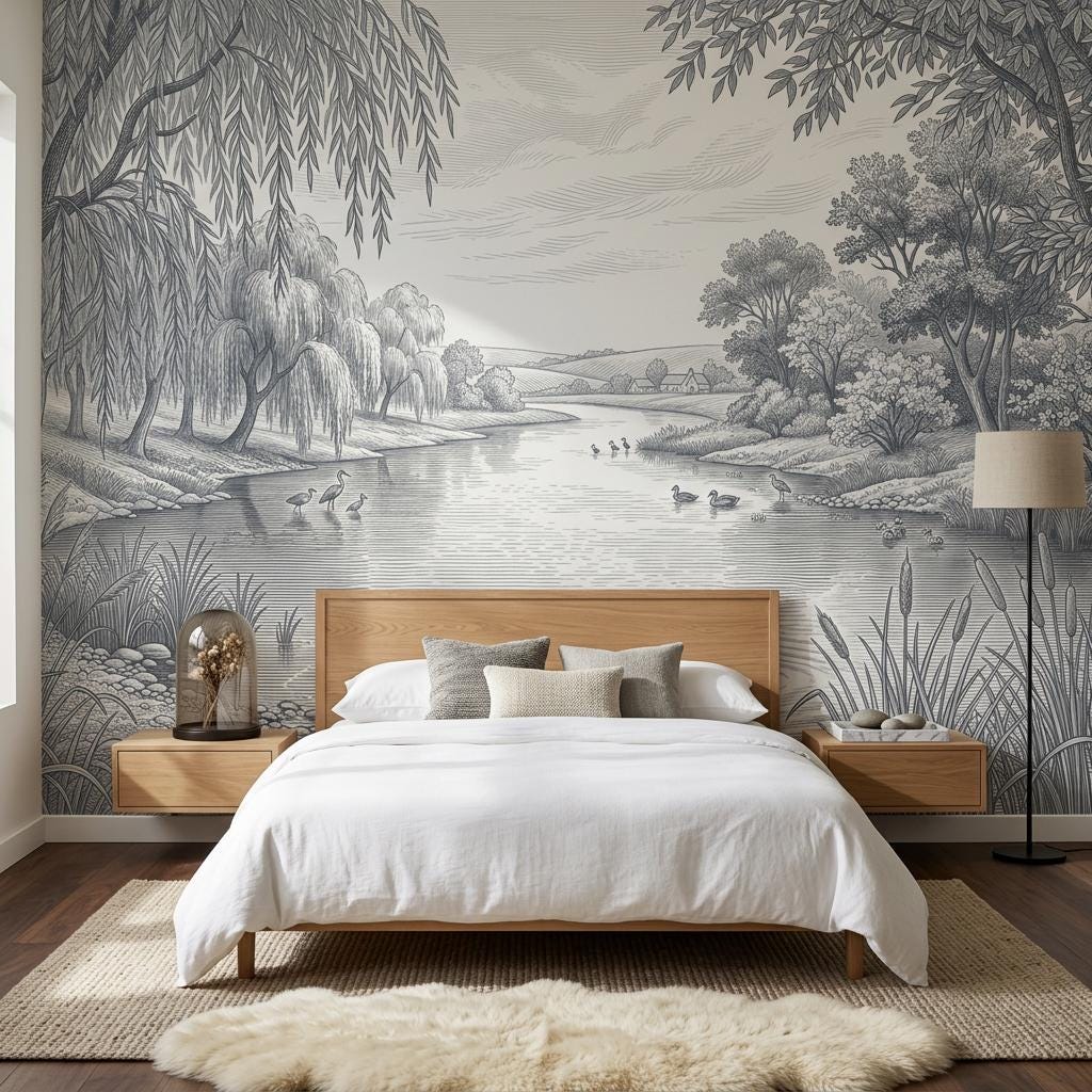 Pastoral Landscape Wallpaper River Scene Willow Trees Wall Mural