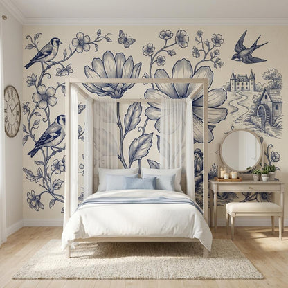 Vintage Floral Bird Wallpaper – Blue White Botanical Cottage Wall Mural